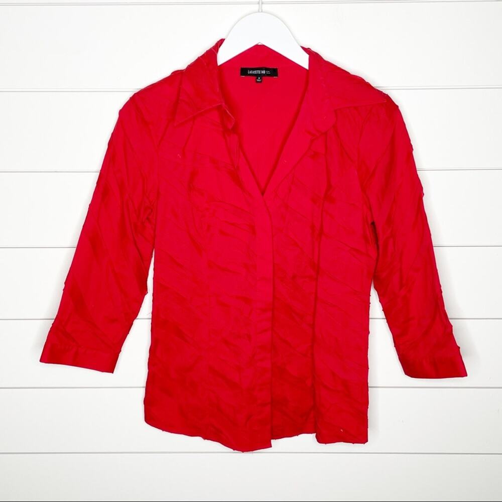 Lafayette 148 New York Red Button-Down Shirt Sz 2 Luxurious High End Shirt!!